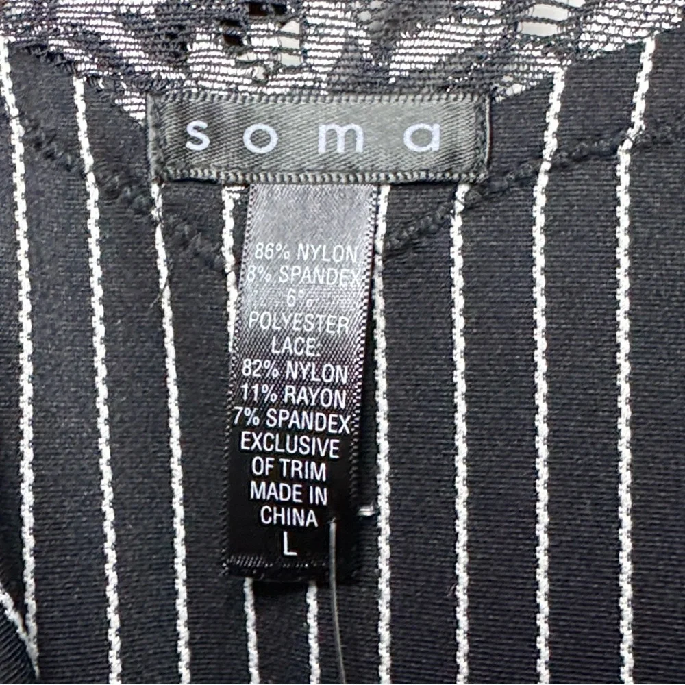 NWT Soma Women’s Travelers Ticking Black Pin Stripe Lace 3/4 Sleeve Top — LARGE - Picture 2 of 6